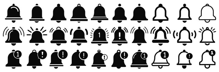 Set of notification bell icon for incoming inbox message. Alarm symbol. Ringing bells. Alarm clock and smartphone application alert. Social media element. 