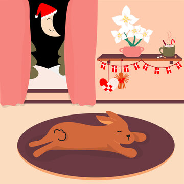 Danish Christmas bunny relaxing. Moon shines from a window, xmas time.