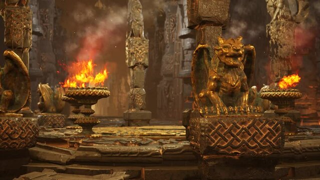 Dark Castle, Gargoyle, Fire, Darkness, Statue 3D Animations Rendering CGI Cinematic 4K