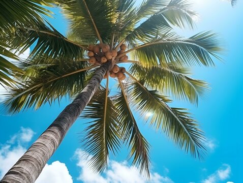 Photograph of a coconut tree viewed from under the shade on sunny summer days.