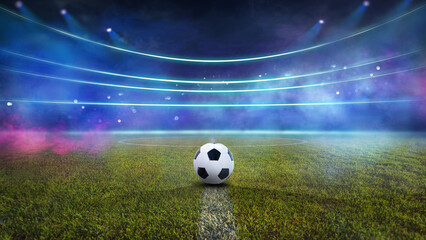 textured soccer game field with smoke - center, midfield - obrazy, fototapety, plakaty