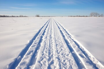 Fototapeta na wymiar snowmobile tracks in a snowy plain, as seen from a distance