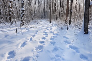 a snow-covered forest path with footprint marks