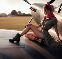 Profile view of a gorgeous woman in World War 2 khaki military dress uniform, with windswept hair tied with a red silk ribbon, sitting on the wing of a Spitfire aircraft on an airfield at Golden hour