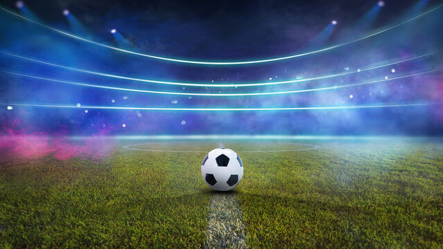 textured soccer game field with smoke - center, midfield