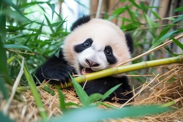 panda bear cub munching on bamboo sticks in a preservation - obrazy, fototapety, plakaty
