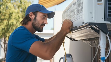 Professional worker in blue cap outdoors installing HVAC air conditioner or heat pump outdoors in hot summer for comfortable living in winter - obrazy, fototapety, plakaty