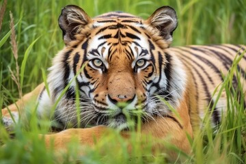 a tiger lying flat in tall grass of a meadow