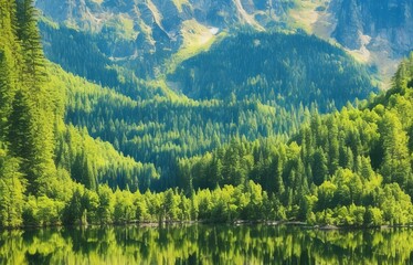 Default A serene mountain landscape with a reflective lake sur