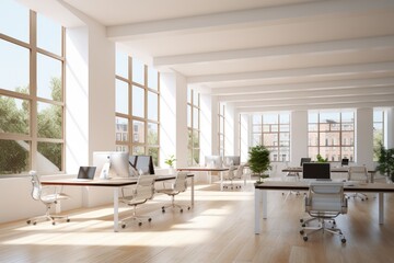 Bright and clean office environment abstract background Bright office with plants and large windows. by Generated AI