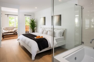 a spa-like bathroom with open shower area next to a bedroom