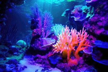 Naklejka na ściany i meble neon-coloured coral glow under a uv light underwater