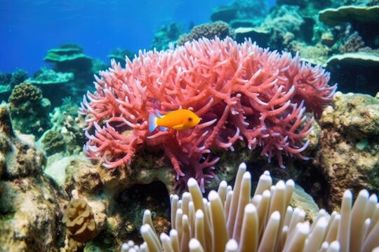 an orange clownfish playing in an anemone amidst a coral garden