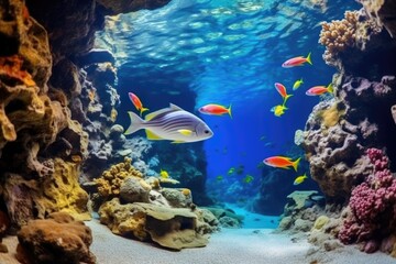 Naklejka na ściany i meble tropical fish swimming in a coral cave
