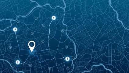 GPS navigator screen with street roads and location, destination points City top view, for application and animation. Vector, illustration isolated. Urban highway path turns, destination tag or mark