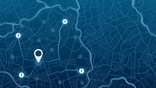 GPS navigator screen with street roads and location, destination points City top view, for application and animation. Vector, illustration isolated. Urban highway path turns, destination tag or mark