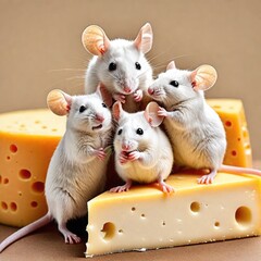 Funny mice sitting on a piece of cheese.