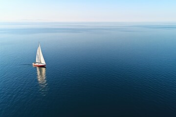 Fototapeta premium top view of a sailing boat moving through a calm sea