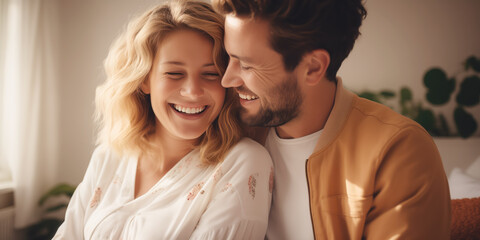 Happy loving couple of man and woman at home.