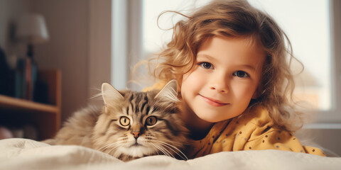 Cute child hugging with cat at home.