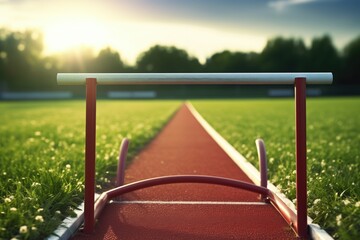 close-up of a hurdle on a field track - obrazy, fototapety, plakaty