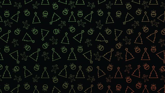 4k animated motion pattern for Christmas or New Year Backgrounds Christmas tree Christmas balls and cookies outline texture on black background. Wallpaper banner or card template. Colorful Neon Light 