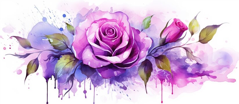 Purple rose and falling petals flower. Watercolor, AI generated image