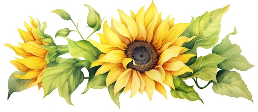Yellow water color paint sunflower with green leaf white background. AI generated