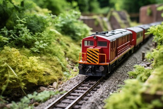 a tiny diesel train running on a model railway track