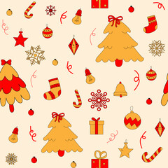hand-drawn Christmas pattern with snowflakes and toys