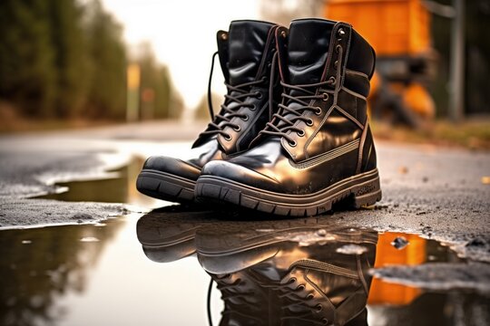 heavy duty boots in a puddle of water