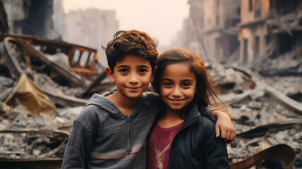 Fototapeta Arab boy and girl smile at city destroyed in war obraz