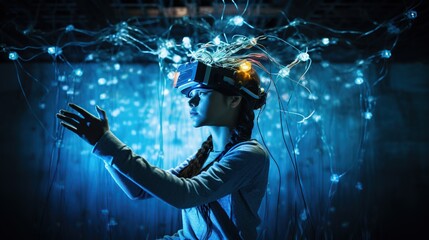 A teenager immersed in a virtual reality game, wearing a brain-computer interface with electrodes, showcasing the convergence of technology and the human mind.