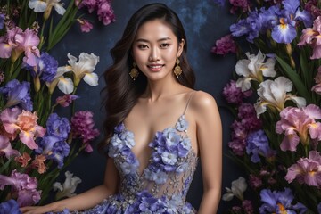 Blütenzauber des Ostens: Fiktives Fashion Shooting mit einer bezaubernden asiatischen Frau in blumigem Kleid vor einem Hintergrund aus hunderten vielfarbigen Blumen.