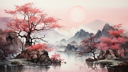 Watercolors of landscapes, temples. - obrazy, fototapety, plakaty