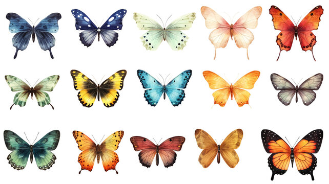 Watercolor set of colorful butterfly