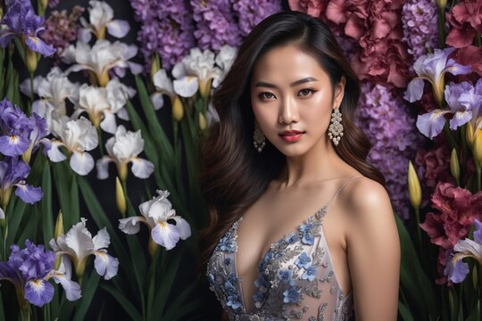Bl&uuml;tenzauber des Ostens: Fiktives Fashion Shooting mit einer bezaubernden asiatischen Frau in blumigem Kleid vor einem Hintergrund aus hunderten vielfarbigen Blumen.