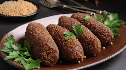 Kibbeh - traditional Arabian meatballs, minced meat and bulgur or rice wheat fried snack in plate. Eastern cuisine. - obrazy, fototapety, plakaty