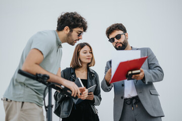 Fototapeta premium Young adults in the city collaborate outdoors, discussing business strategies, financial planning, and project costs. Entrepreneurs or corporate team embrace innovation and cooperation.