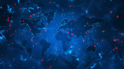 Dark blue world map background with red security key of technology digital business - obrazy, fototapety, plakaty