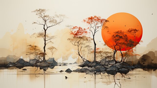 Watercolors of landscapes, temples.