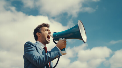 businessman shouting through a megaphone with blue sky.