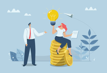 Creativity and inspiration lead to success in work, Ideas about innovation and how to create opportunities for companies to grow and prosper, Businesswoman sitting on gold coin holding a light bulb. - obrazy, fototapety, plakaty