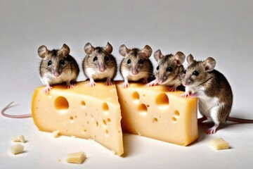 Funny mice sitting on a piece of cheese.
