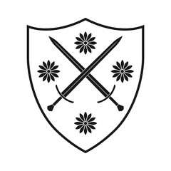 Shield and sword crossed and flowers icon. Coat of arms symbol. heraldry logo sign. Vector illustration image.