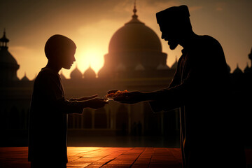 The silhouette of a person giving food, symbolizing the acts of charity and kindness during Ramadan