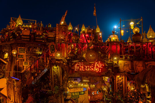 Street cafe Farsha with original design in arabic style at night, Sharm El Sheikh, Egypt