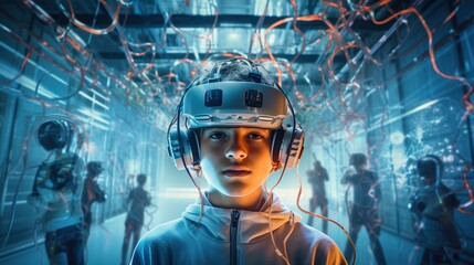 A teenager wearing a brain-computer interface device with electrodes, deeply engaged in a virtual reality game, highlighting the integration of technology with the human mind. - obrazy, fototapety, plakaty