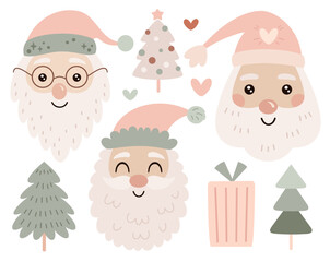 Pink Santa Claus face clipart in cartoon flat style. Merry Christmas clipart. Vector illustration