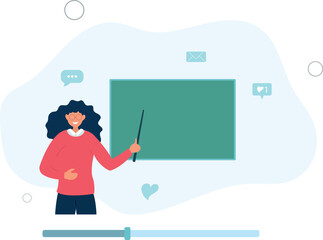 Online learning concept. Female teacher with chalkboard, video lesson.flat vector illustration.